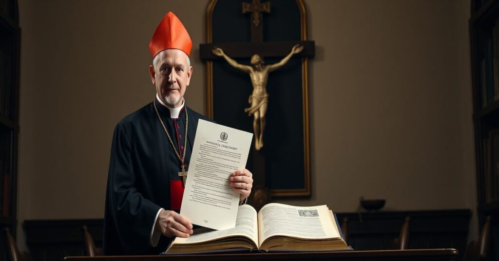 Biskup Antonio Staglianò trzyma dokument potępiający poglądy Petera Thiela na tle starego rękopisu i krzyża w tradycyjnej bibliotece Watykanu
