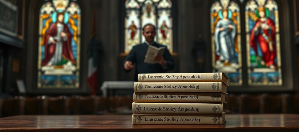 Obraz przedstawiający tradycyjny wnętrze kościoła z książkami Libreria Editrice Vaticana na stole i postacią Lorenzo Fazziniego w tle.