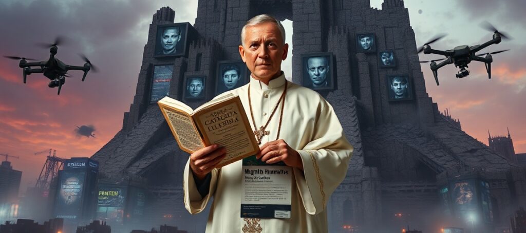 Ksiądz w sutannie stoi przed ruinami nowoczesnej struktury przypominającej Wieżę Babel z ekranami wyświetlającymi zdeformowane twarze. Trzyma stary katechizm w kontrast z neonowym ulotką 'Magnifica Humanitas'. Na tle widoczna dystopijna metropolia z dronami nadzoru.
