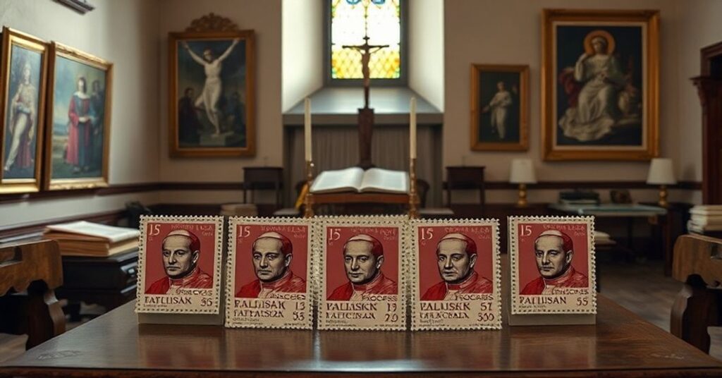 Zdjęcie przedstawia filatelistyczne znaczki Poczty Watykańskiej z wizerunkiem uznawanego za fałszywego papieża Franciszka otoczonego sztuką nowoczesną z różnych krajów.