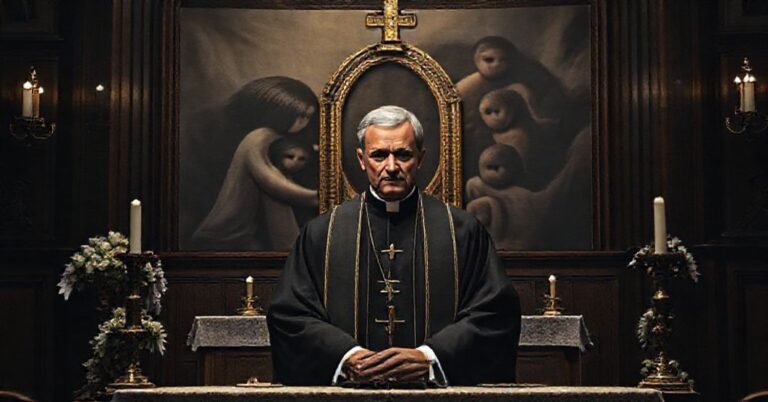 Ciemny i poważny obraz przedstawiający ołtarz kościelny z wizerunkiem kapłana w sutannie na tle dzieci w smutku, symbolicznym dla zdrady i deprawacji w Kościele.