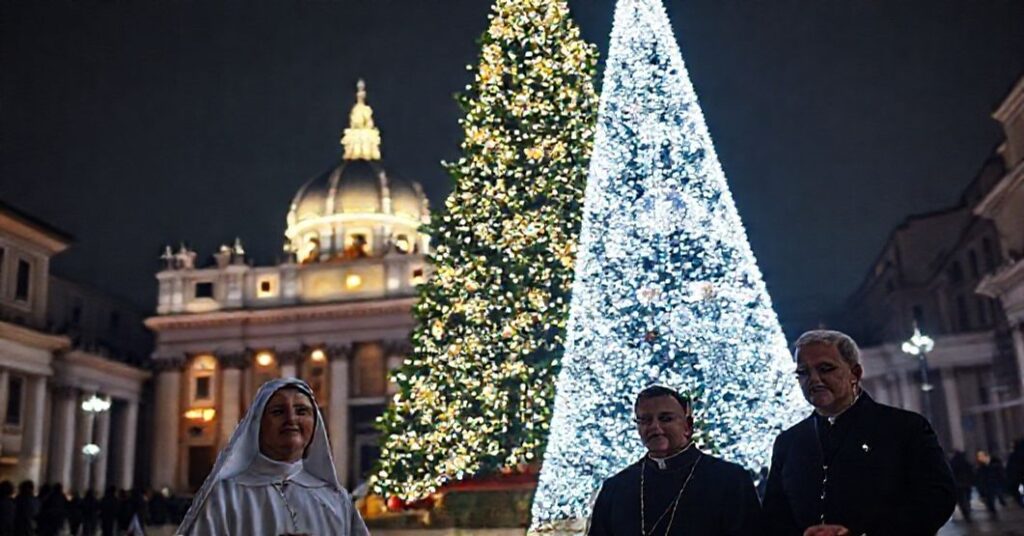 Solemny widok watykańskiej choinki z ponad 50 tysiącami diod LED na Placu św. Piotra bez jakichkolwiek elementów religijnych