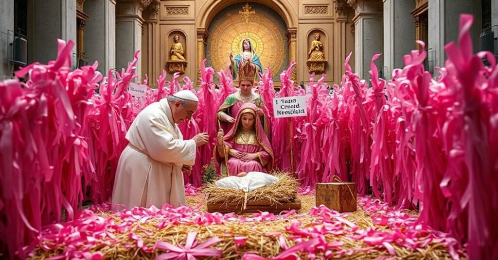 Watykańska szopka z 25 tysiącami wstążek zamiast słomy, kontrowersyjna figura "Płaczącej Maryi" na tle, antypapież Bergoglio błogosławiący instalację.