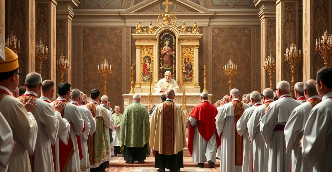 Sytuacja liturgiczna w watykańskiej kaplicy podczas uroczystości kanonizacyjnej z duchownymi w tradycyjnych strojach i ołtarzem