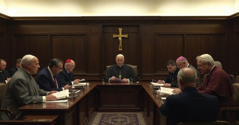 Wizerunek sali sądowej w Watykanie z klerem ubranym w sutanny pełniącymi role sędziów i prokuratorów. Scena ilustruje zmierzch autorytetu duchowego na rzecz świeckich procedur prawno-finansowych.