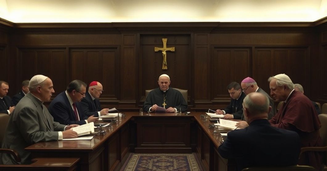 Wizerunek sali sądowej w Watykanie z klerem ubranym w sutanny pełniącymi role sędziów i prokuratorów. Scena ilustruje zmierzch autorytetu duchowego na rzecz świeckich procedur prawno-finansowych.
