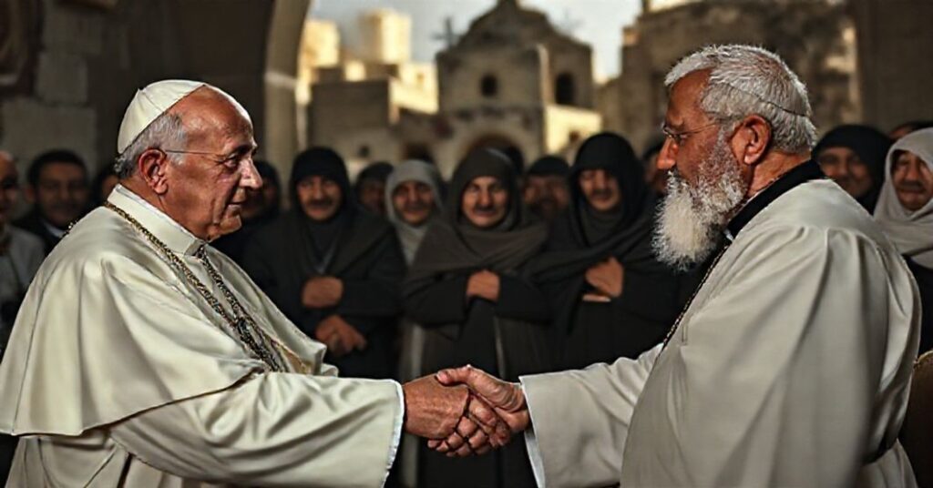 Scena przedstawiająca spotkanie modernistycznego "papieża" z prezydentem Mahmoudem Abbasem na tle zniszczonych chrześcijańskich kościołów w Gazie. Na obrazie widoczna jest grupa cierpiących chrześcijan z wyrazami smutku i zdrady.