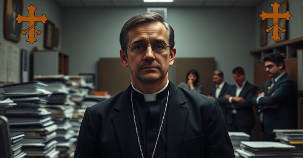 Monsignore Marco Sprizzi w watykańskim biurze otoczony dokumentami administracyjnymi, wyrażającym obojętność wobec kryzysu zaufania wśród pracowników