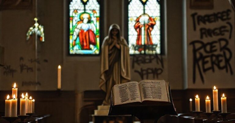Sobór katolicki z tradycyjną statuą Matki Boskiej Boleści Otoczonej Świecami i Uszkodzonym Egzemplarzem Pascendi