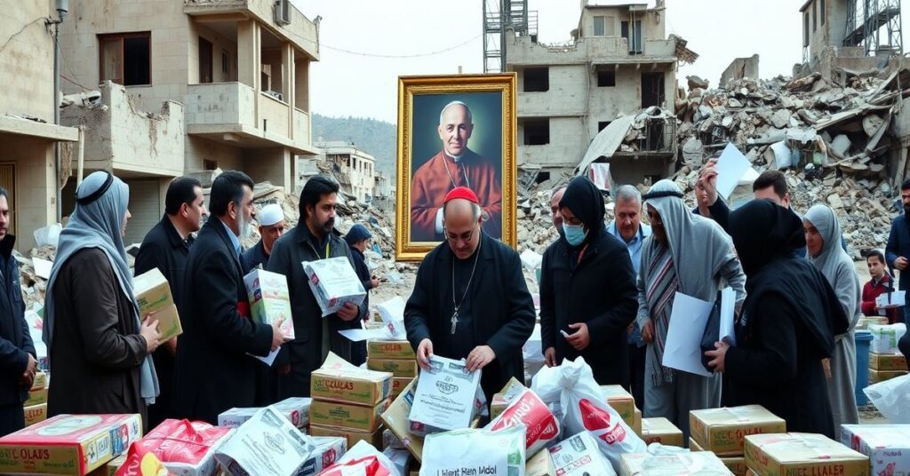 Obraz przedstawiający fałszywego nuncjusza apostolskiego w Libanie rozprowadzającego pomoc humanitarną wśród przedstawicieli różnych religii podczas wojny.