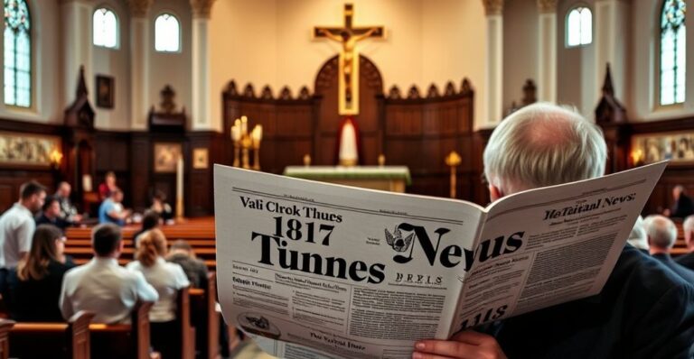 Wnętrze parafii z ołtarzem, krzyżem i modlącymi się wiernymi. Na pierwszym planie wierny czyta broszurę z logo Vatican News, ukazując kontrast między tradycyjną wiarą a modernistyczną infiltracją.