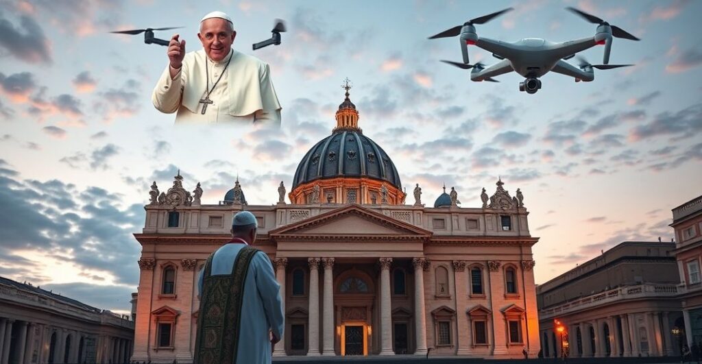 Realistyczne zdjęcie bazyliki św. Piotra z kapłanem w modlitwie, nad którym drony wyświetlają obrazy papieża Franciszka i symbole protestantyzmu, wyrażające krytykę modernistycznej apostazji