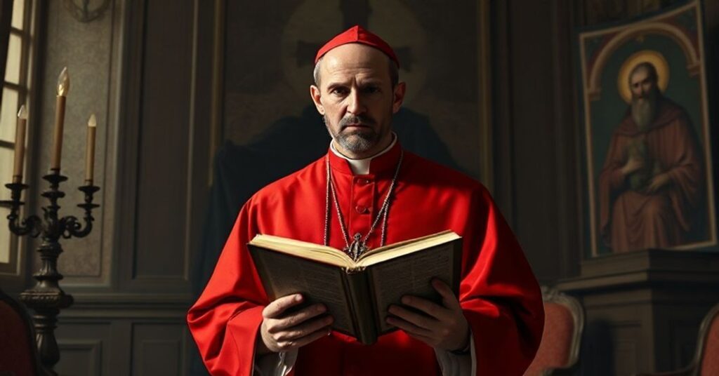 Kleryk katolicki w tradycyjnym stroju przy starannie zapisanym Piśmie Świętym w Vatikanie.