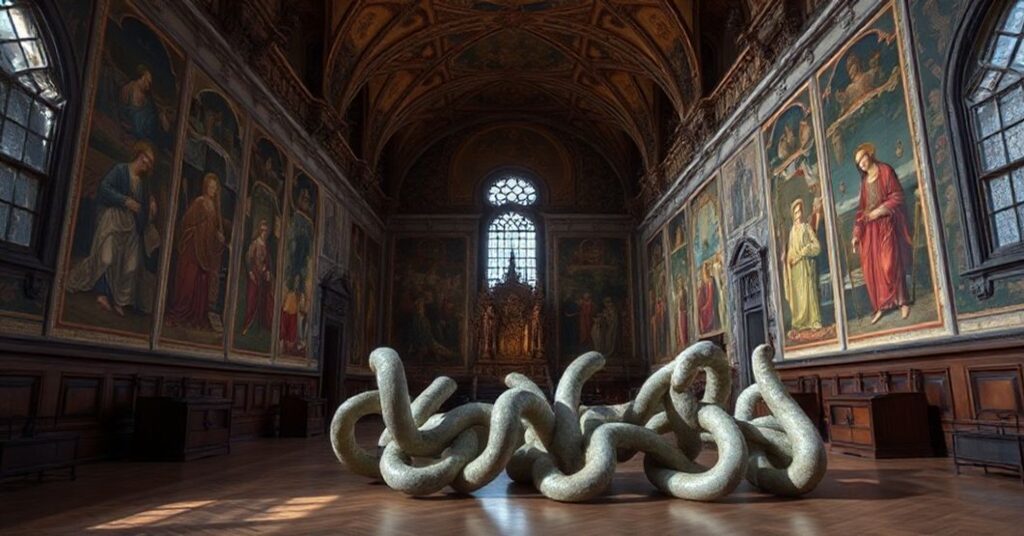 Wnętrze Wawelu z tradycyjnymi arrasami i nowoczesnymi instalacjami Abakanowicz w kontekście dechrystianizacji sztuki