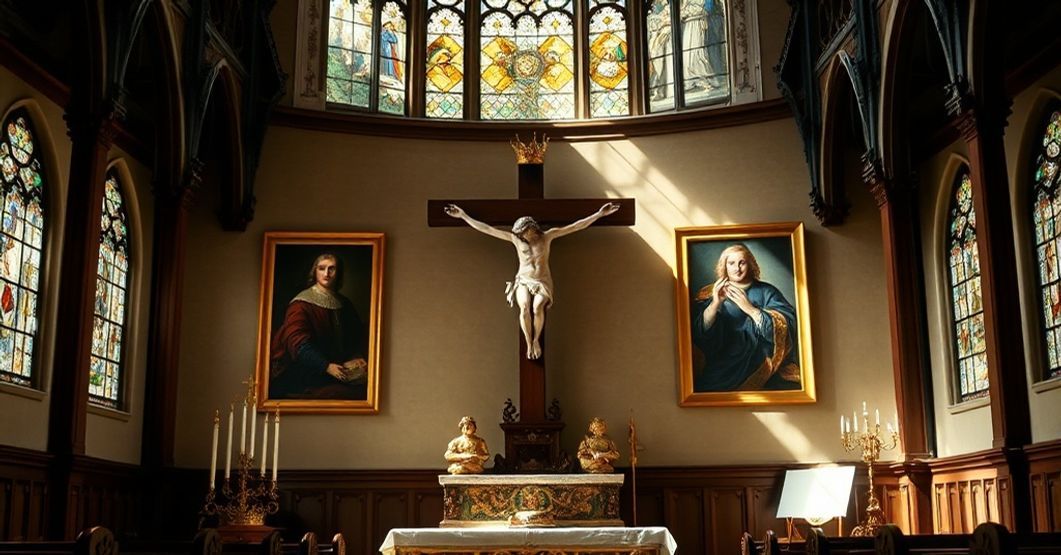 Tradycyjny ołtarz katolicki w kościele z centralnym krucyfiksem i przyćmionymi portretami Dürera i Holbeina.
