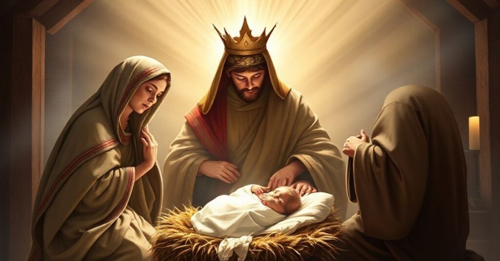 Tradycyjne katolickie przedstawienie Narodzenia Chrystusa jako Władcy Narodów w szacunkowej scenerii