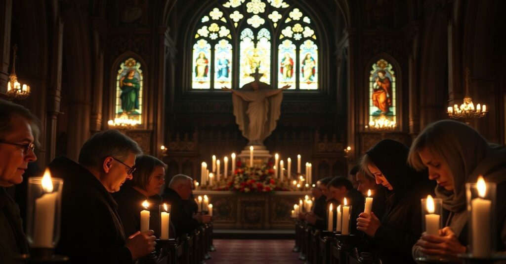 Grupa wiernych modląca się przed rzeźbą Chrystusa Króla w tradycyjnym polskim kościele katolickim.