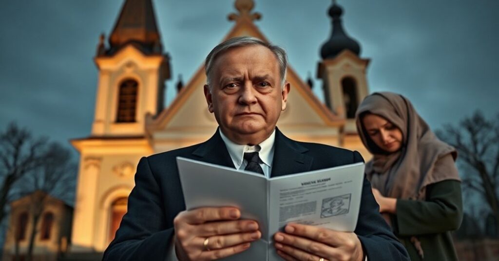 Zdjęcie przedstawiające premiera Węgier Victora Orbana przed katolickim kościołem w momencie podpisywania umowy energetycznej z Rosjanami. Scena nawiązuje do konfliktu moralnego między interesami ekonomicznymi a wartościami chrześcijańskimi.