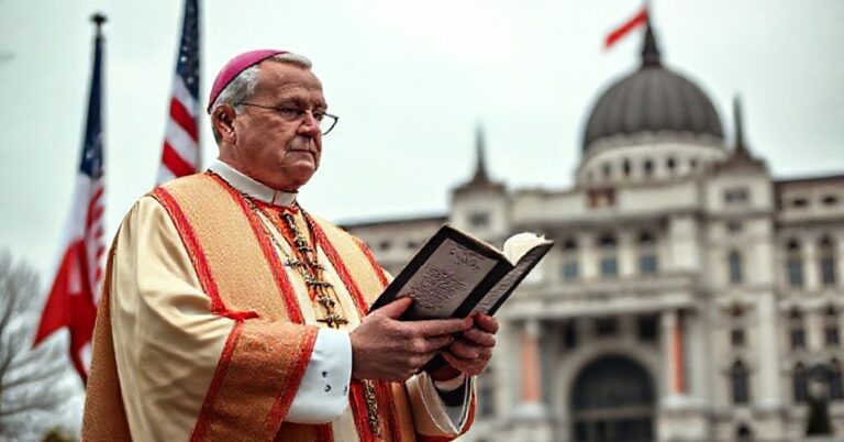 Pragmatyzm polityczny wobec nadprzyrodzonego porządku: biskup w tradycyjnych szatach przed budynkiem rządowym na tle flag Węgier i Stanów Zjednoczonych
