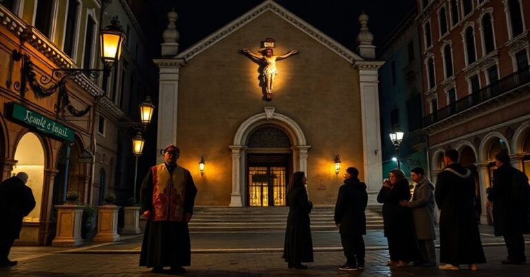 Nocna scena w Wenecji w czasie Wigilii près kościoła katolickiego z gronem ludzi w modlitewnej postawie.