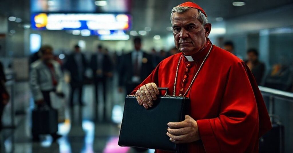 Obraz przedstawiający kardynała Baltazara Enrique Porrasa Cardozo na lotnisku Maiquetía w Caracas, gdzie zostaje pozbawiony paszportu przez wenezuelskie władze w grupie obserwujących katolików.