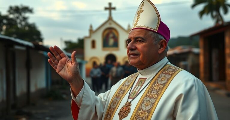 Biskup w tradycyjnych szata liturgicznych modli się przed prostą kaplicą w Wenezueli na tle społecznego chaosu