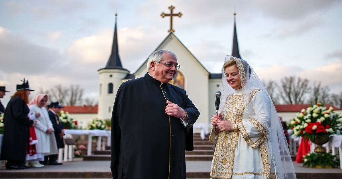 Weronika Krawczyk modli się przed posągiem Chrystusa Króla w kościele katolickim, otoczona grupą tradycyjnych wiernych