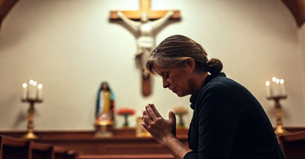 Kobieta modli się w kaplicy katolickiej przed krucyfiksem z głęboką wiarą i smutkiem