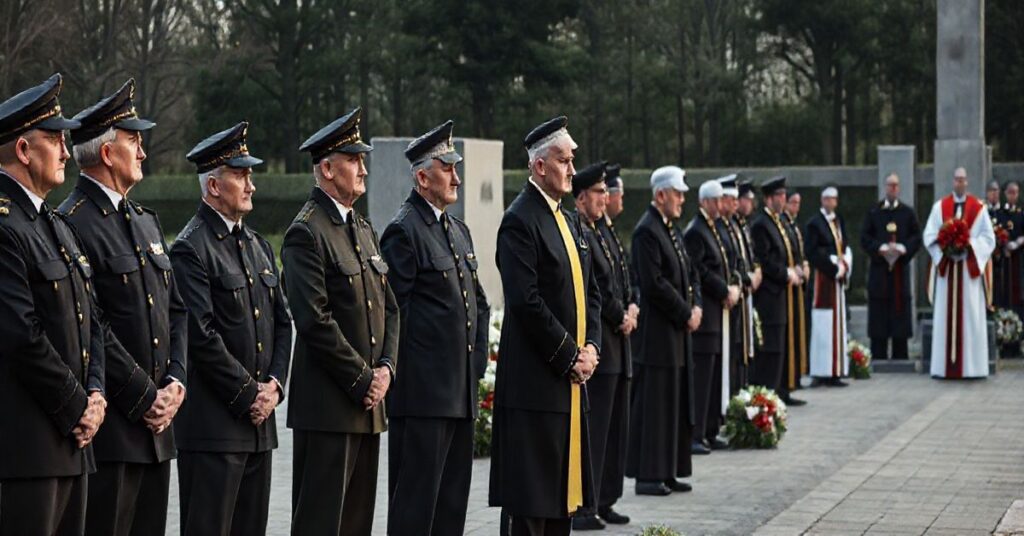 Szczegółowe, realistyczne zdjęcie katolickiego pogrzebu z pocztówkami i duchownymi w tradycyjnych strojach, oddające powagę i patriotyzm w katolickim duchu
