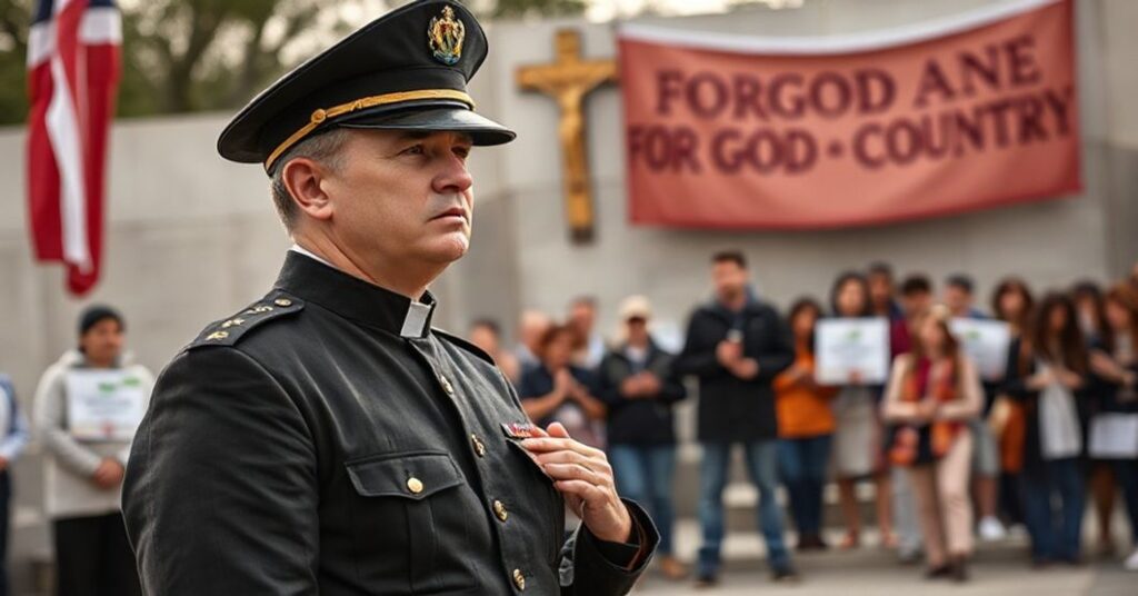 Kanadyjski weteran w mundurze stoi strażą przy Pomniku Wojennym, otoczony grupą modlących się protestujących.