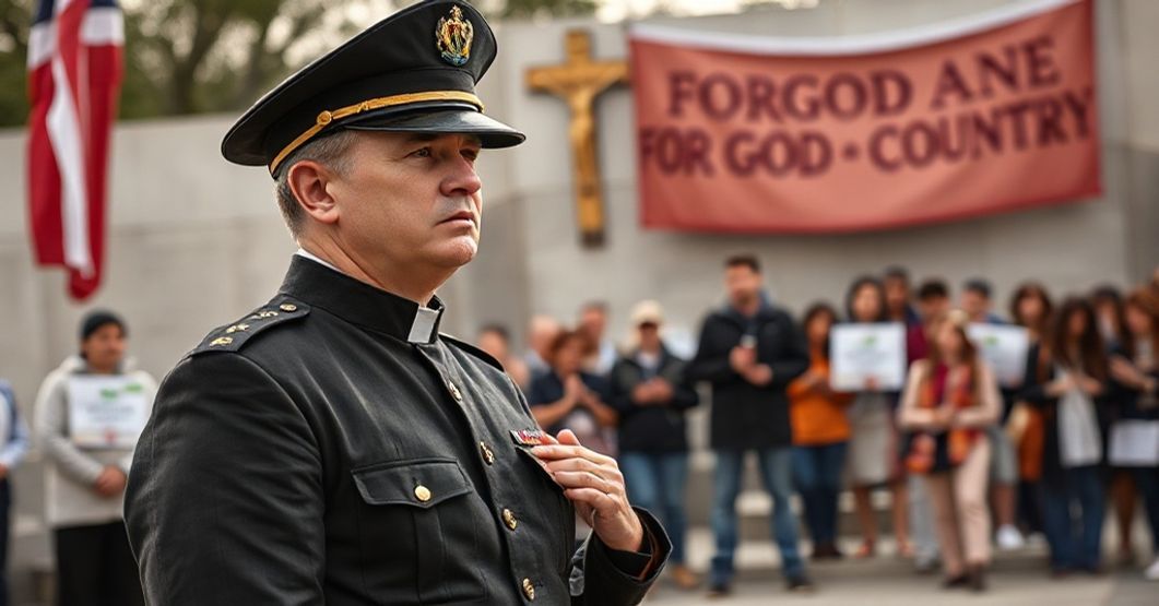 Kanadyjski weteran w mundurze stoi strażą przy Pomniku Wojennym, otoczony grupą modlących się protestujących.
