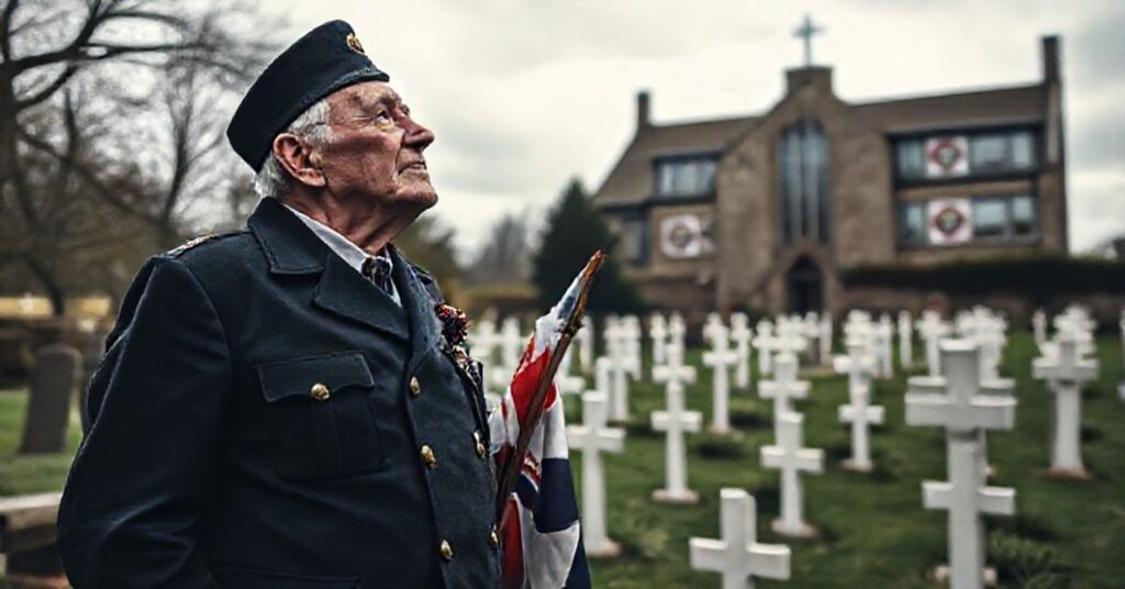 Stary weteran II wojny światowej w mundurze Royal Navy stoi przy cmentarzu wojennym z białymi krzyżami, symbolizując upadek chrześcijańskich wartości w Wielkiej Brytanii.