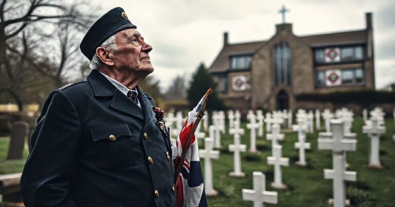 Stary weteran II wojny światowej w mundurze Royal Navy stoi przy cmentarzu wojennym z białymi krzyżami, symbolizując upadek chrześcijańskich wartości w Wielkiej Brytanii.