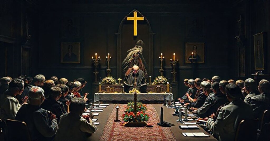 Zdjęcie przedstawiające wewnętrzny kryzys w LifeSiteNews z perspektywy katolickiej tradycji. Wierni modlą się przed ołtarzem podczas gdy John-Henry Westen zostaje usunięty ze stanowiska. Nowa rada nadzorcza spotyka się w ciemnym pokoju.