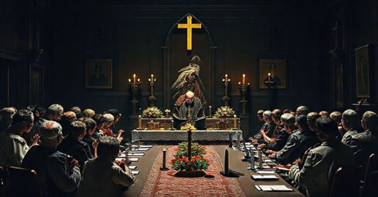 Zdjęcie przedstawiające wewnętrzny kryzys w LifeSiteNews z perspektywy katolickiej tradycji. Wierni modlą się przed ołtarzem podczas gdy John-Henry Westen zostaje usunięty ze stanowiska. Nowa rada nadzorcza spotyka się w ciemnym pokoju.