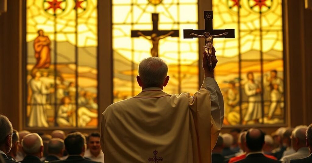 Ksiądz w tradycyjnym stroju liturgicznym trzymający krzyż przed tłem wojennego krajobrazu widocznego przez witraże.