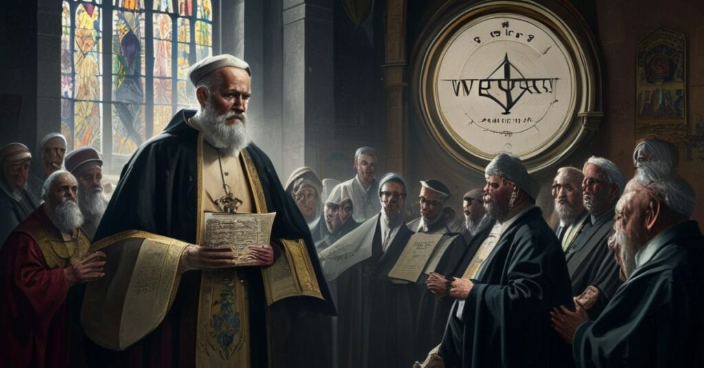 Ksiądz w tradycyjnych szatach liturgicznych przedstawia krytyczną analizę roli WHO w globalnej apostazji z perspektywy tradycyjnego katolicyzmu.