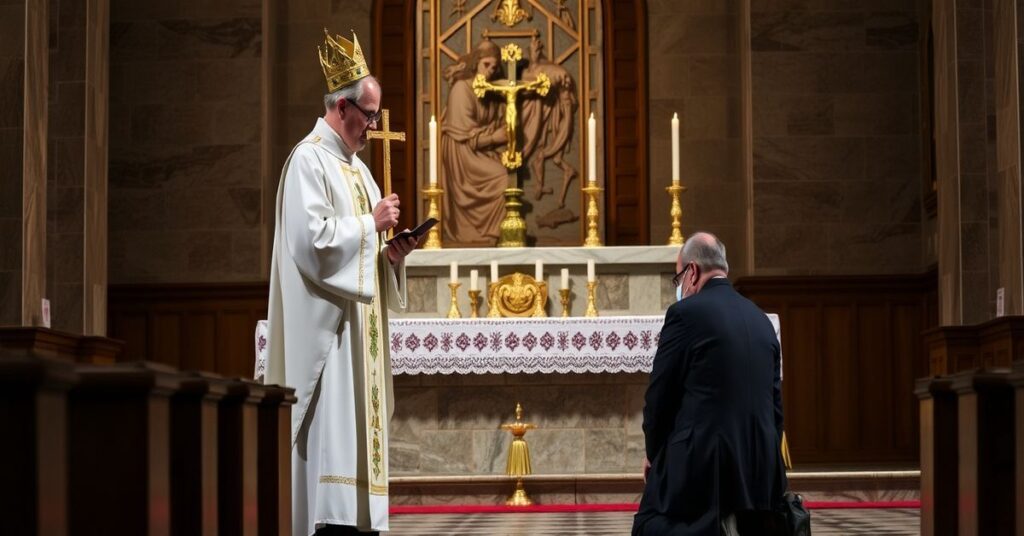 Tradycyjny ksiądz w kościele z pokutnikiem podczas spowiedzi, symbolizujący sakramenty i władzę Chrystusa Króla.
