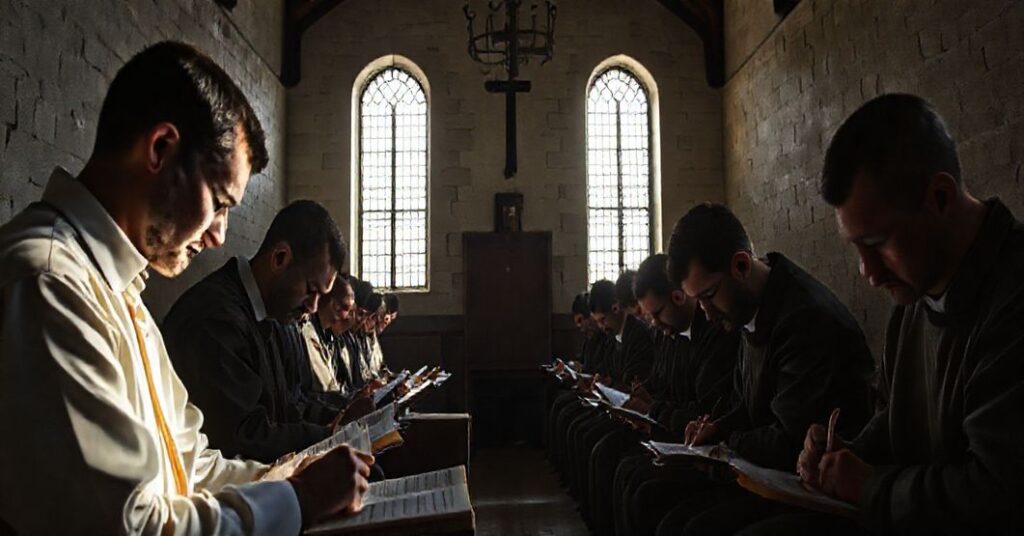 Grupa więźniów i studentów przepisuje Pismo Święte w kaplicy więziennej w Lublinie. Scena pełna powagi i modlitwy.