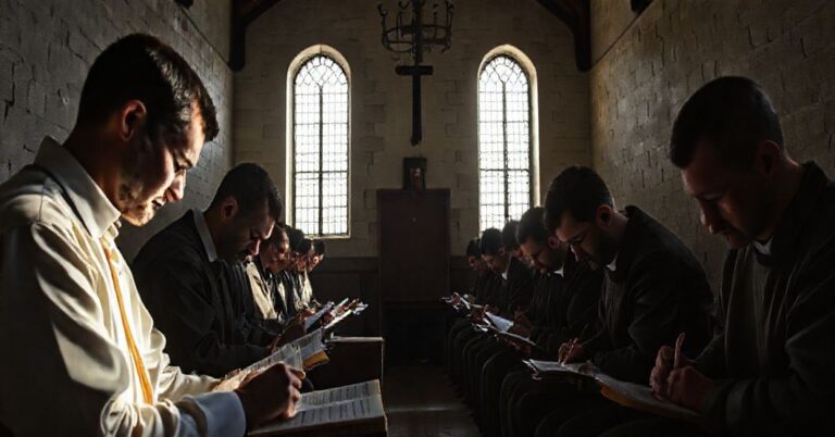 Grupa więźniów i studentów przepisuje Pismo Święte w kaplicy więziennej w Lublinie. Scena pełna powagi i modlitwy.