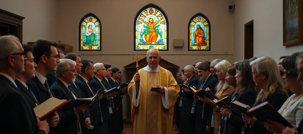 Wnętrze kościoła z tradycyjną atmosferą katolicką, przedstawiające mszał w języku hebrajskim z kapłanem w liturgicznych szatach i małą wspólnotą wiernych.