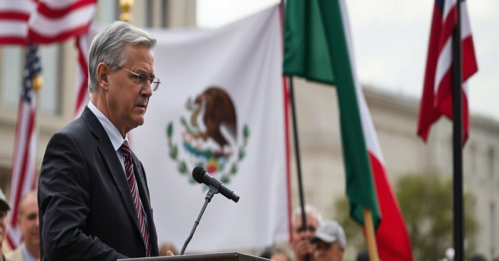 Wiceprezydent JD Vance ogłasza poszerzenie Mexico City Policy przed amerykańską flagą z katolickimi symbolami.