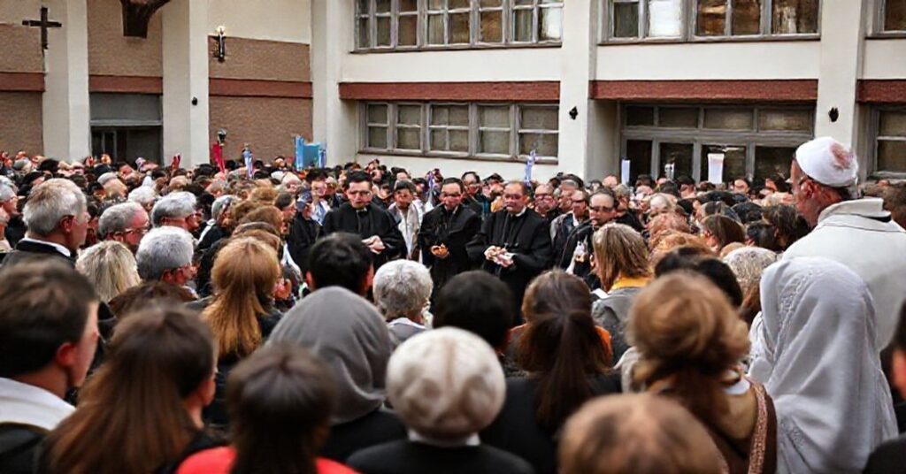 Tradycyjne katolickie zgromadzenie z ks. płatem Wojciechem Przybyłą i bp Krzysztofem Włodarczykiem, podkreślające ludzkie zaangażowanie ponad łaskę boską.