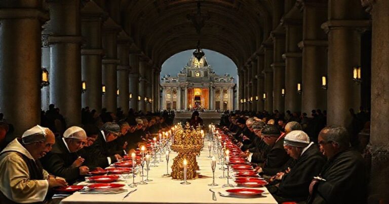 Grupa bezdomnych uczestniczących w 'pięciogwiazdkowej kolacji' pod Kolumnadą w Watykanie, organizowanej przez pseudo-kardynała Konrada Krajewskiego. Scena pozbawiona elementów sakralnych.