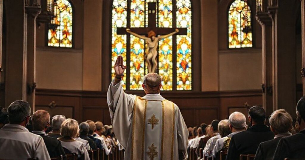 Grupa wiernych w kościele pod przewodnictwem kapłana z krzyżem w tle symbolizująca wieczne królestwo Chrystusa.