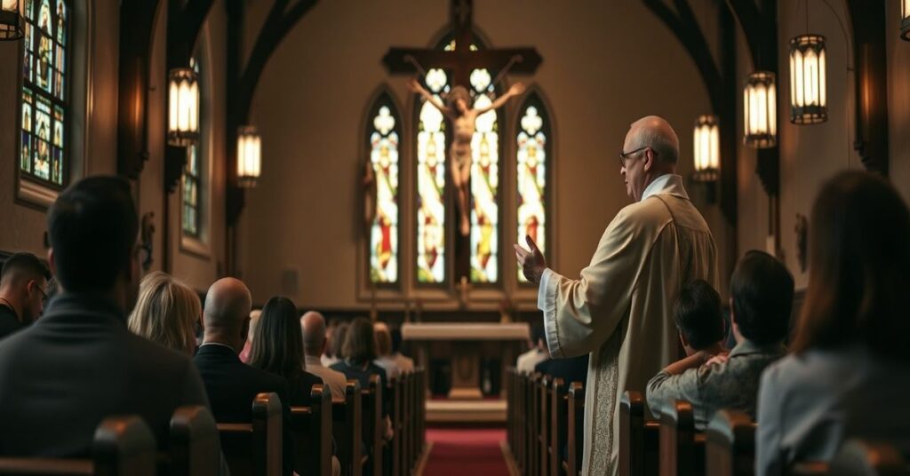 Wnętrze tradycyjnego kościoła katolickiego podczas Wielkiego Postu z kładącym kazanie księdzem i skupionymi wiernymi