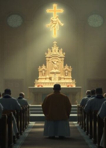 Wielka Sobota w tradycji katolickiej - święty spokój Chrystusa Wnętrze tradycyjnego kościoła katolickiego podczas Wielkiej Soboty; stłoczeni kapłani sedewakantyzmu w modlitwie przed pustym tabernakulum. Ciemne oświetlenie podkreśla święty spokój Chrystusa w grobie.