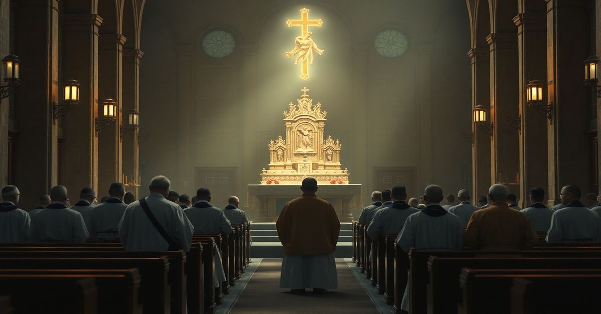 Wnętrze tradycyjnego kościoła katolickiego podczas Wielkiej Soboty; stłoczeni kapłani sedewakantyzmu w modlitwie przed pustym tabernakulum. Ciemne oświetlenie podkreśla święty spokój Chrystusa w grobie.