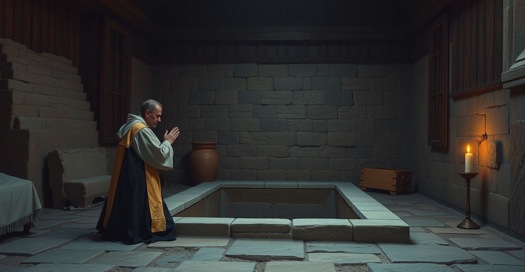 Katolicka scena Wielkiej Soboty - tradycyjny grobowiec i modlitwa Reverentna scena katolickiego grobu w poranek Wielkiej Soboty, z kapłanem modlącym się przed otwartym grobem, ukazująca powagę i czystość tradycyjnego katolickiego obrazu