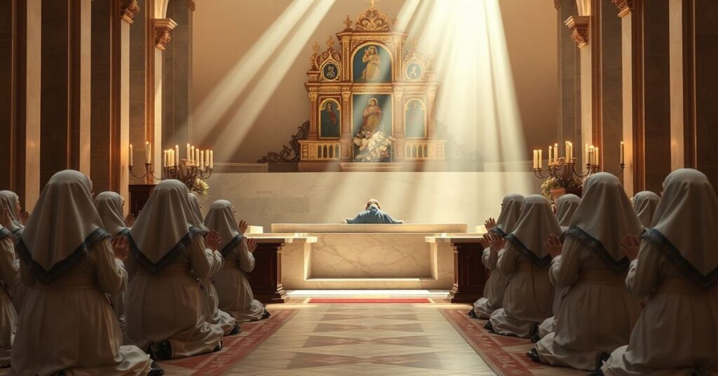 Tradycyjny kościelny wnętrze podczas Wielkanocy z pustym grobowcem oświetlonym boskim światłem i modlącymi się kobietami w strój wielkanocny.